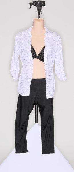 Two Piece Black Capri, Black Bra, White 3/4 Sleeve Shirt (Jive) - Pantsuit by Randall Designs