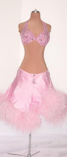 Pink Satin 2 Piece w/ Feather Skirt - Dress by Randall Designs