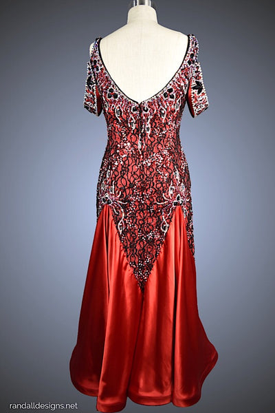Red &amp; Black Jeweled Lace with Red Satin Charmeuse Godets - Dress by Randall Designs