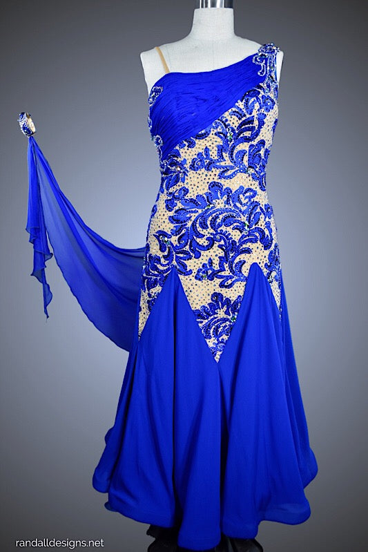 slim fit dress slacks Cobalt Blue Applique over Nude with Chiffon Godets – Randall Designs