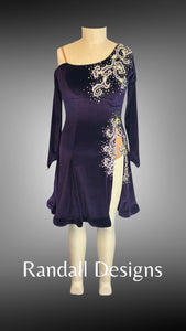 Purple Velvet with Off the Shoulder Sleeve, Flared Skirt and Front Slit