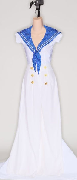 White Sailor Suit/ Blue Bib/ White Hat - Dress by Randall Designs