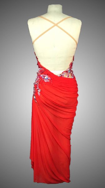 VENUS: Nude and Red Mesh Grecian Style Long Rhythm Dress