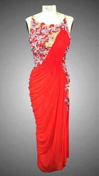 VENUS: Nude and Red Mesh Grecian Style Long Rhythm Dress