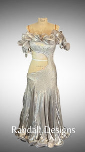 Metallic Silver with Pleated Godet Skirt and Silver Flowered Neckline