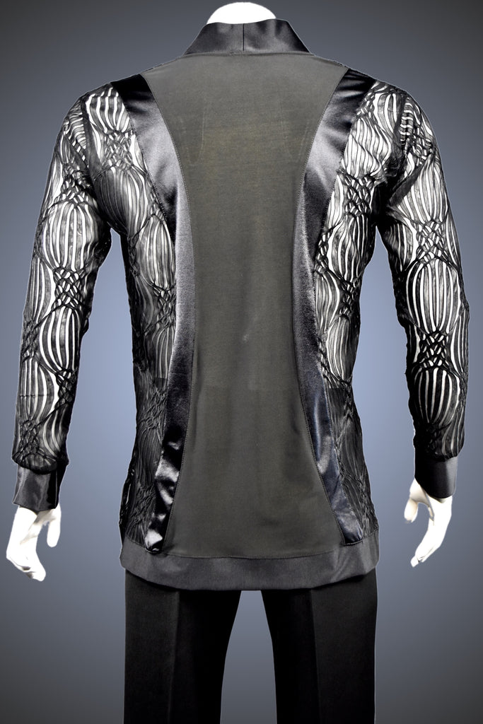 Men's Dance Shirt Black and Sheer Filigree V-Neck Latin/Rhythm Shirt w Randall Designs Men's Dance Shirt Black and Sheer Filigree V-Neck Latin/Rhythm Shirt w Randall Designs