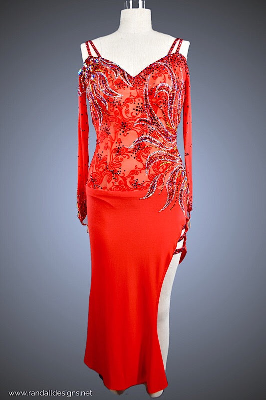 Red Flocked Mesh with Jersey Hook-Up Fishtail Skirt - Dress by Randall Designs