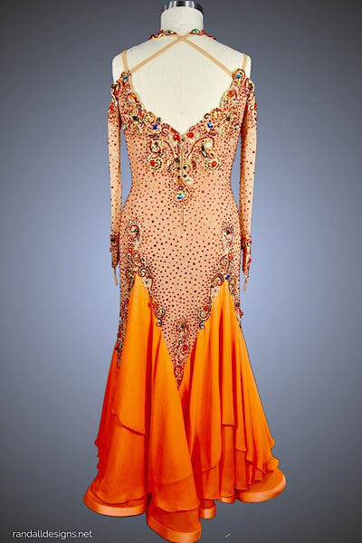 Nude with Gold Applique and Orange Skirt - Dress by Randall Designs