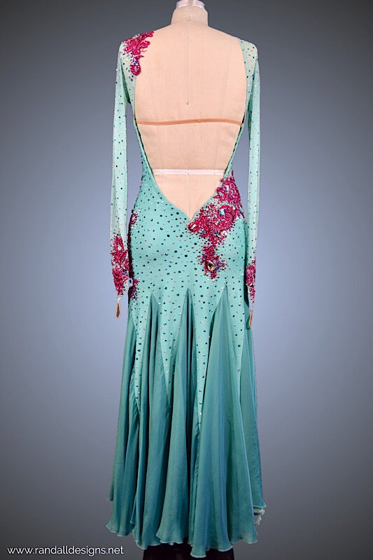 Aqua Ballgown with Jeweled Fuchsia Appliqué – Randall Designs
