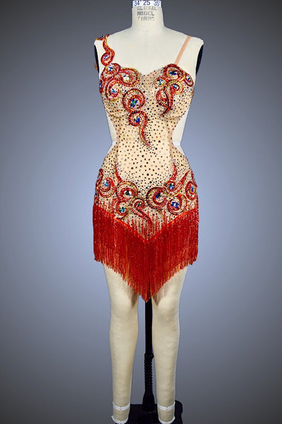 Red Beaded Fringe and Nude Mesh - Dress by Randall Designs