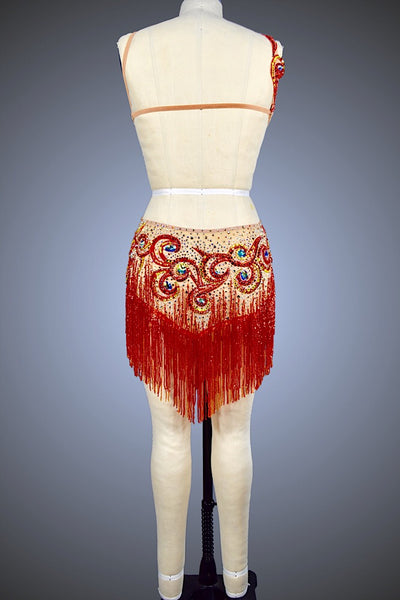 Red Beaded Fringe and Nude Mesh - Dress by Randall Designs