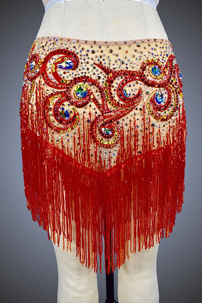 Red Beaded Fringe and Nude Mesh - Dress by Randall Designs