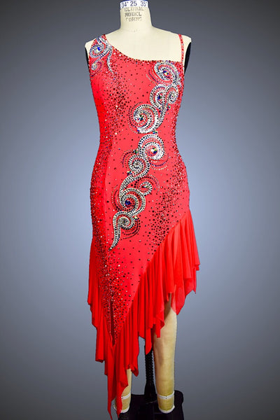 Flame Red with Asymmetrical Neckline and Mesh Skirt - Dress by Randall Designs