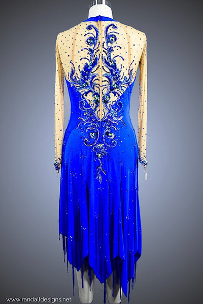 Royal Blue with Nude Mesh and Tattered and Fringe Skirt - Dress by Randall Designs