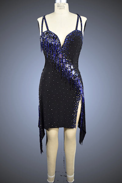 Black with Blue Beaded Fringe and Silver Mirror Treatment - Dress by Randall Designs