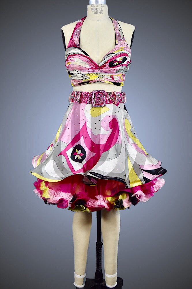 Pink, Yellow, & Black Printed Two-Piece with Organza Ruffle Skirt - Dress by Randall Designs